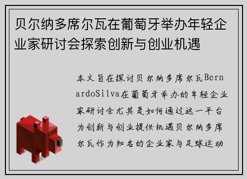 贝尔纳多席尔瓦在葡萄牙举办年轻企业家研讨会探索创新与创业机遇 贝尔纳多席尔瓦在葡萄牙举办年轻企业家研讨会探索创新与创业机遇